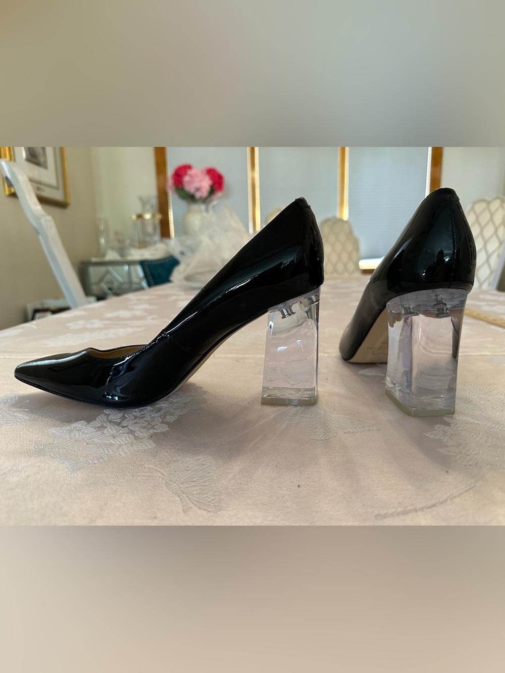 Marc Fisher LTD 9.5 Black Patent Pointed Toe Clear Block Heel Pumps